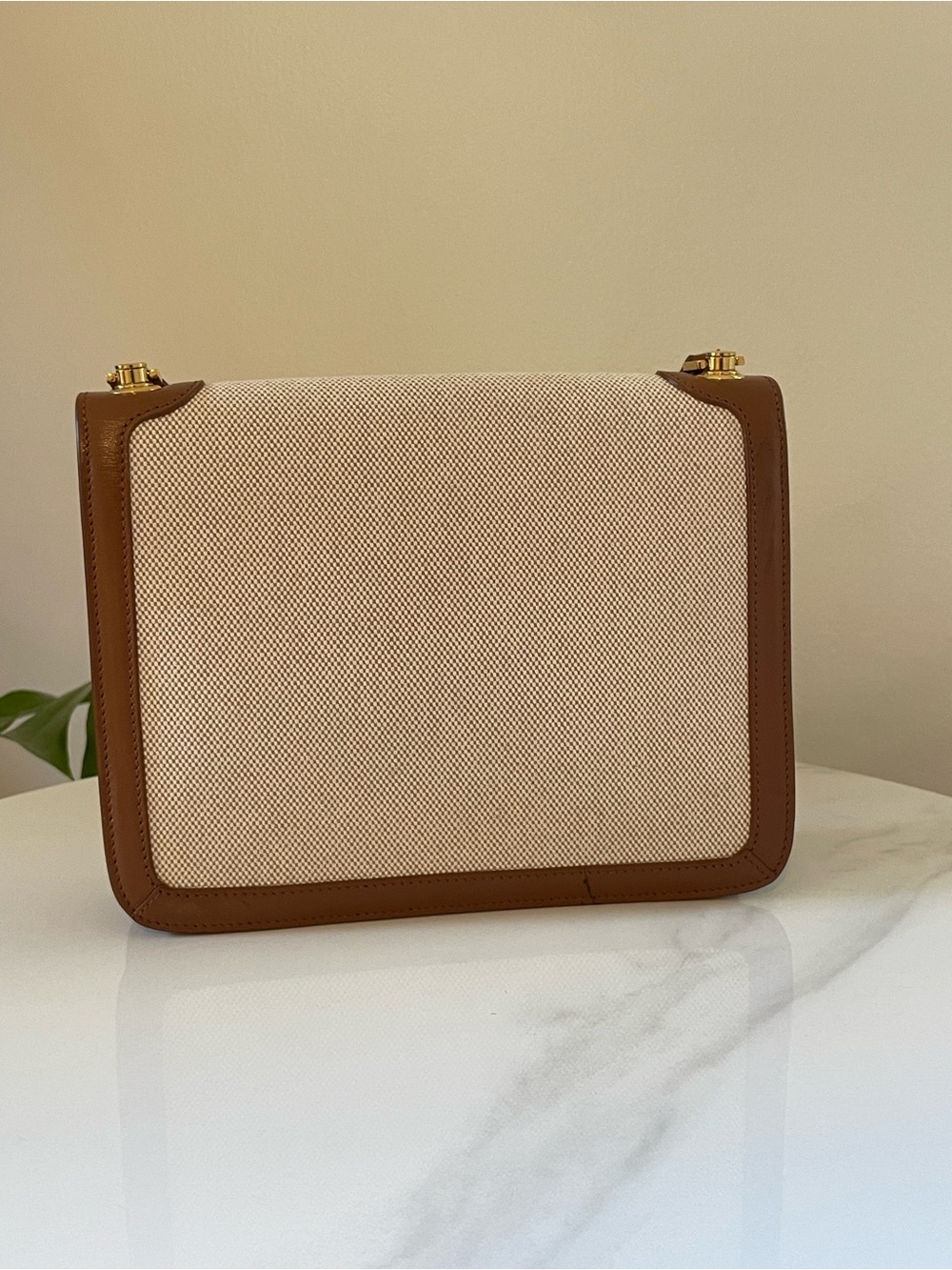Saint Laurent Carré Canvas Satchel Crossbody Bag – Beige Canvas & Cognac Leather - Picture 4 of 11